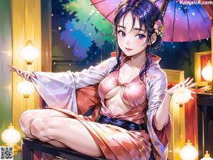 A woman in a kimono sitting on a chair holding an umbrella.