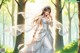 A woman in a wedding dress walking through a forest.