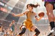 A woman in a yellow uniform dribbling a basketball on a court.